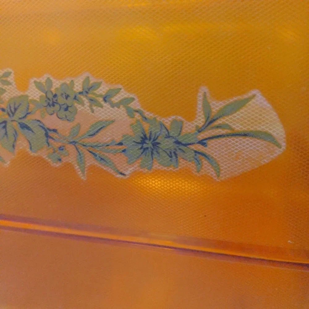 Vtg Wil-Hold Amber Orange Translucent Plastic Sewing Box MCM Case Gold Floral
